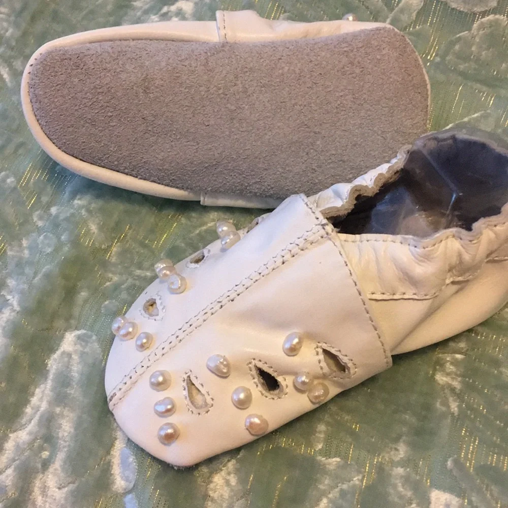 New Princess baby white leather real pearl shoes